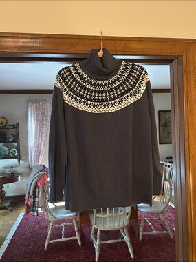 L.L. Bean Navy Turtleneck Sweater with Cream Fair Isle Yoke